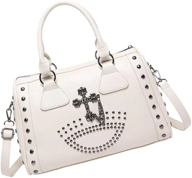 Punk Style Skull Handbag Large Capacity Studded Doctor Bag Fashionable Shoulder Bag Punk Style Handbag for Women