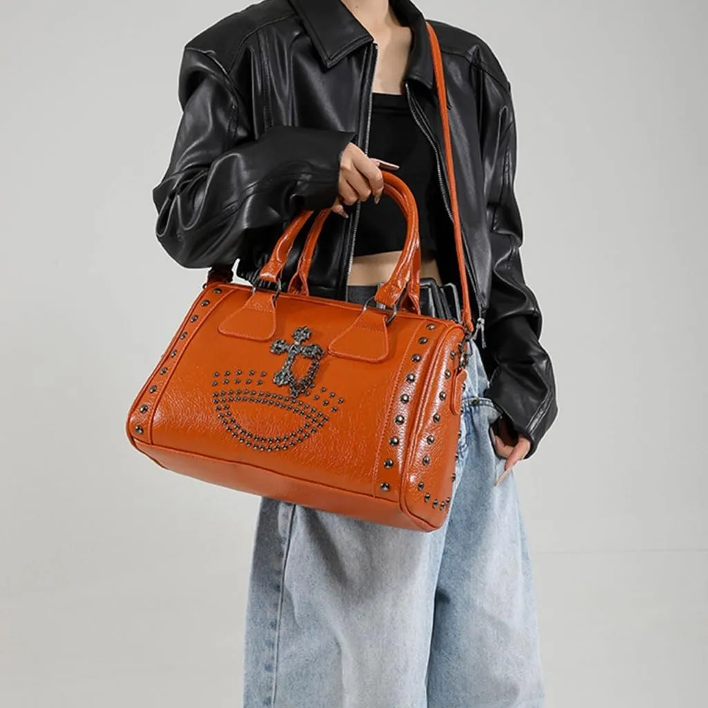 Punk Style Skull Handbag Large Capacity Studded Doctor Bag Fashionable Shoulder Bag Punk Style Handbag for Women