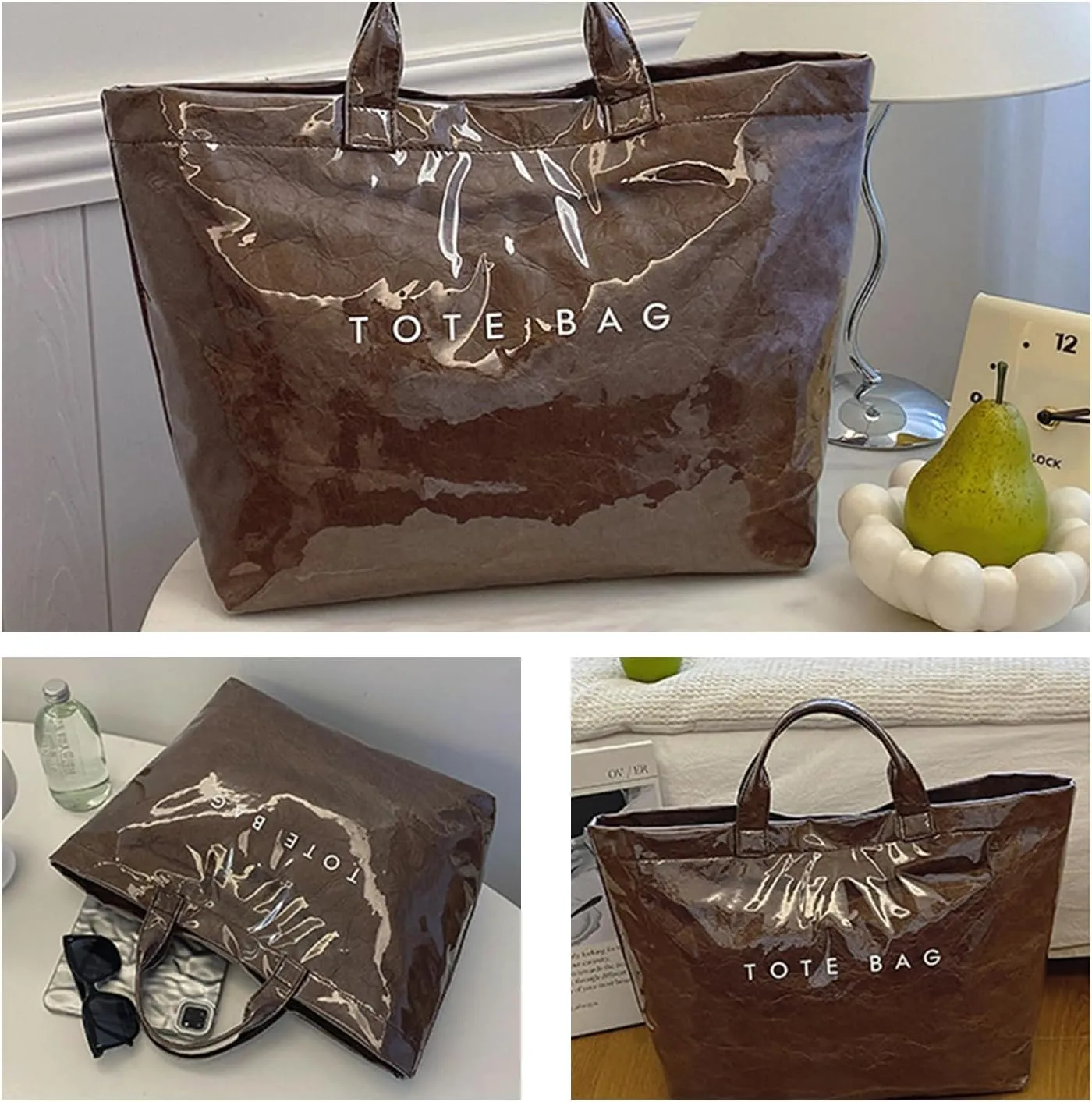 PVC Tote Bag Women's Letters Print Large Kraft Paper Carry All Bag Top Handle Clear Hobo Handbag