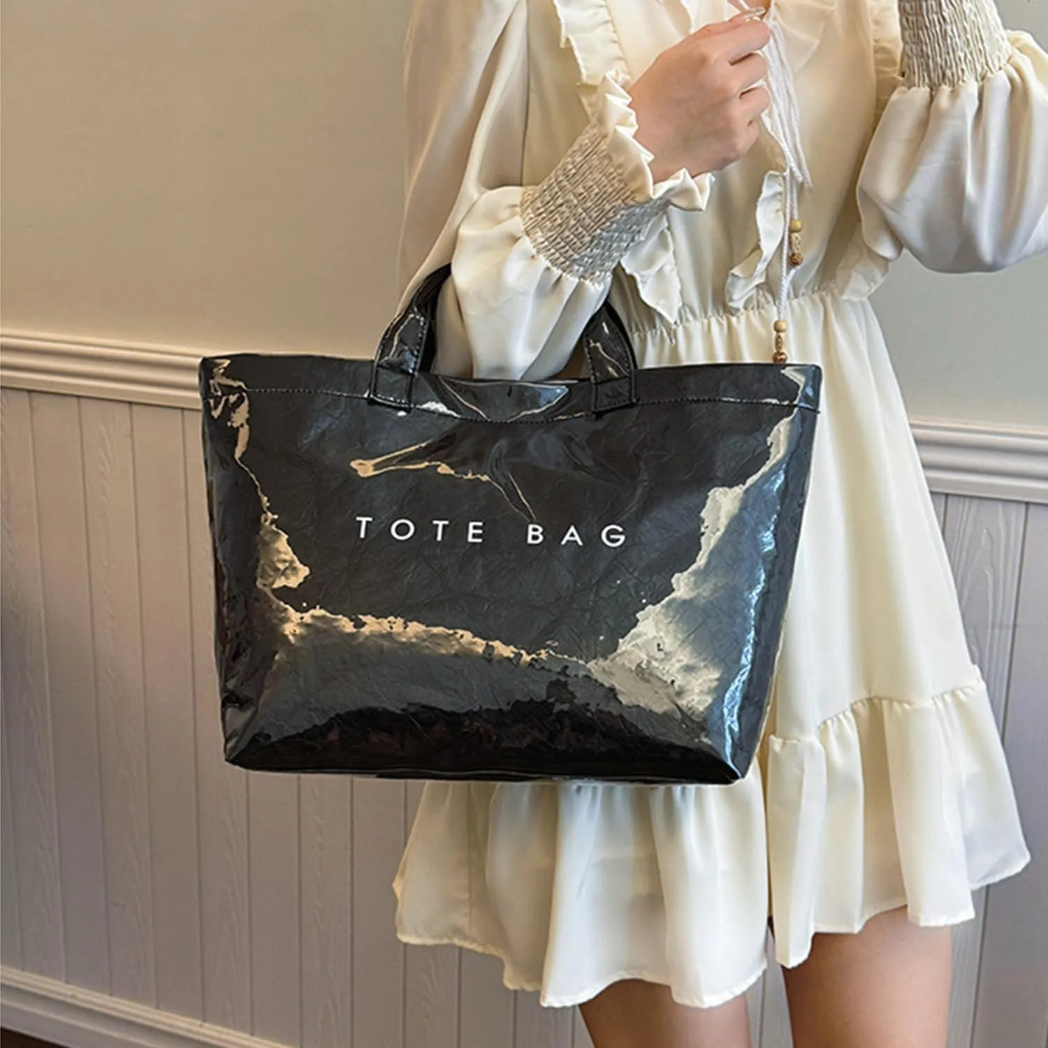 PVC Tote Bag Women's Letters Print Large Kraft Paper Carry All Bag Top Handle Clear Hobo Handbag