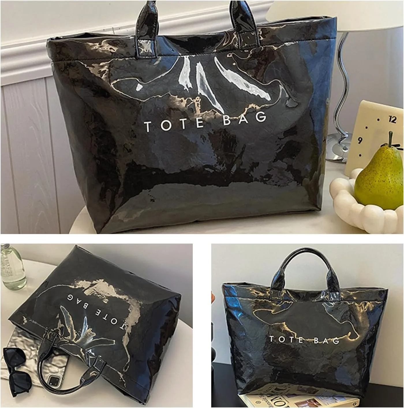 PVC Tote Bag Women's Letters Print Large Kraft Paper Carry All Bag Top Handle Clear Hobo Handbag