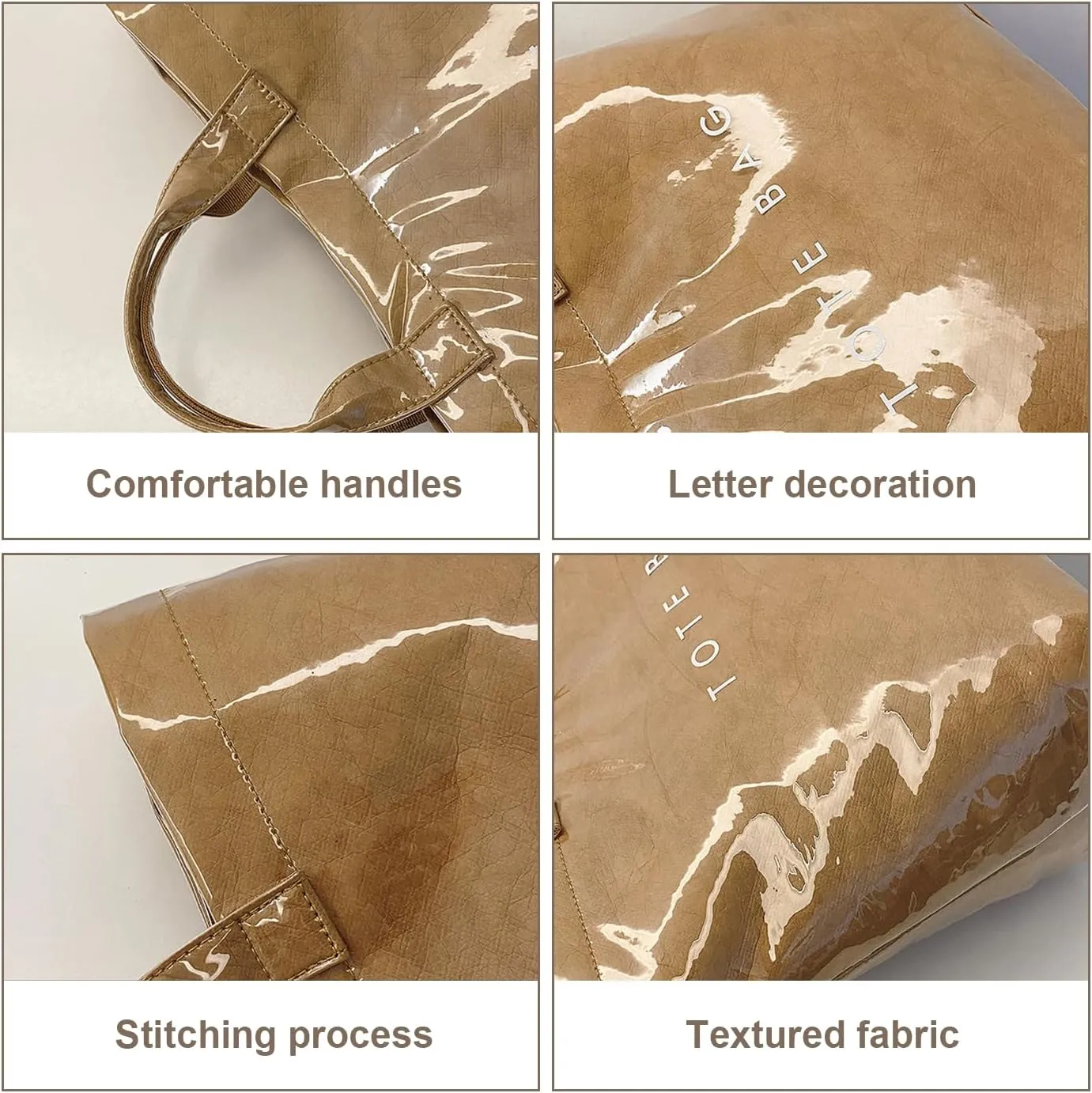 PVC Tote Bag Women's Letters Print Large Kraft Paper Carry All Bag Top Handle Clear Hobo Handbag