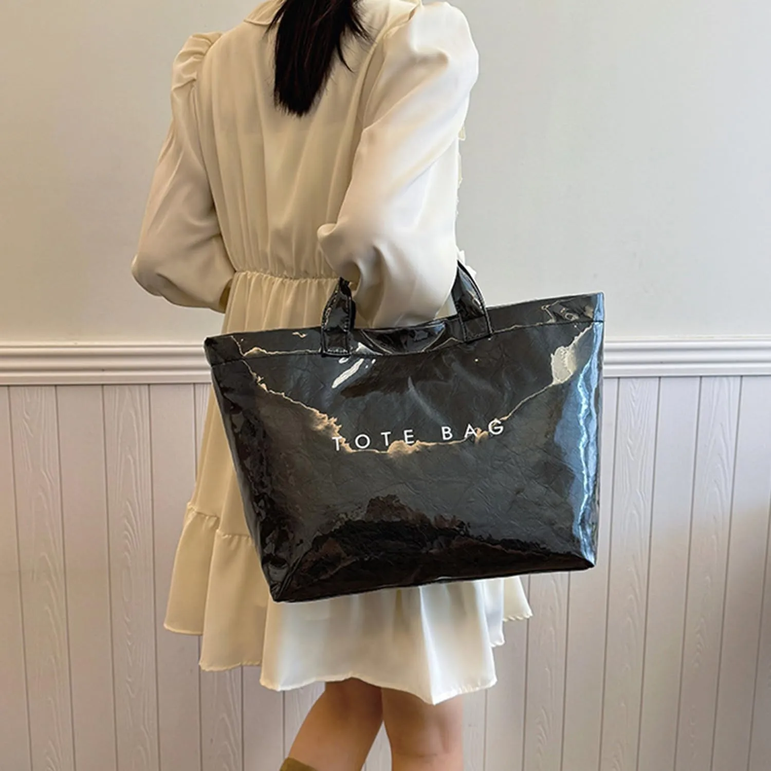 PVC Tote Bag Women's Letters Print Large Kraft Paper Carry All Bag Top Handle Clear Hobo Handbag