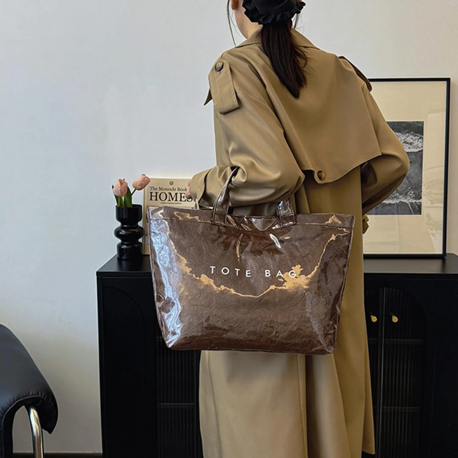 PVC Tote Bag Women's Letters Print Large Kraft Paper Carry All Bag Top Handle Clear Hobo Handbag