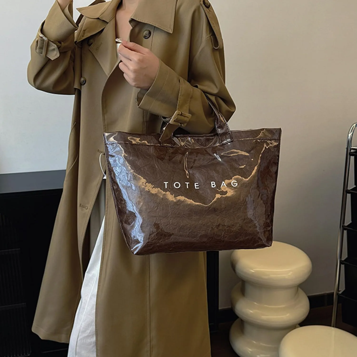 PVC Tote Bag Women's Letters Print Large Kraft Paper Carry All Bag Top Handle Clear Hobo Handbag
