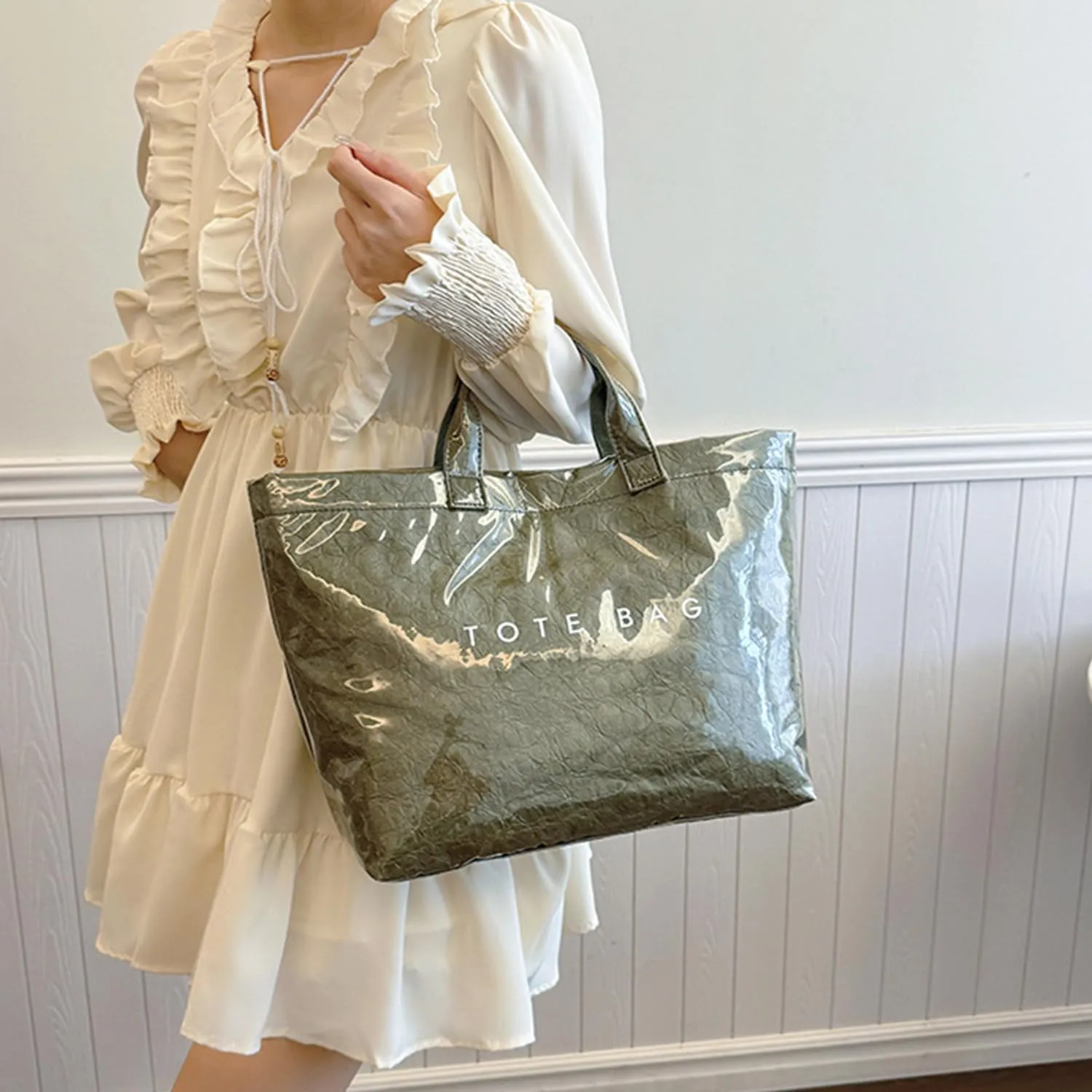 PVC Tote Bag Women's Letters Print Large Kraft Paper Carry All Bag Top Handle Clear Hobo Handbag