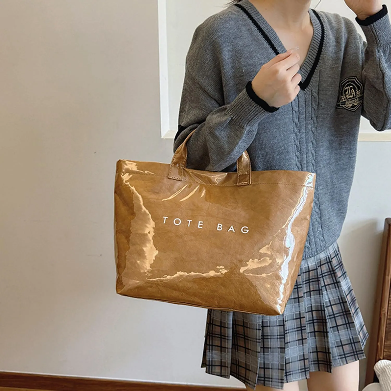 PVC Tote Bag Women's Letters Print Large Kraft Paper Carry All Bag Top Handle Clear Hobo Handbag