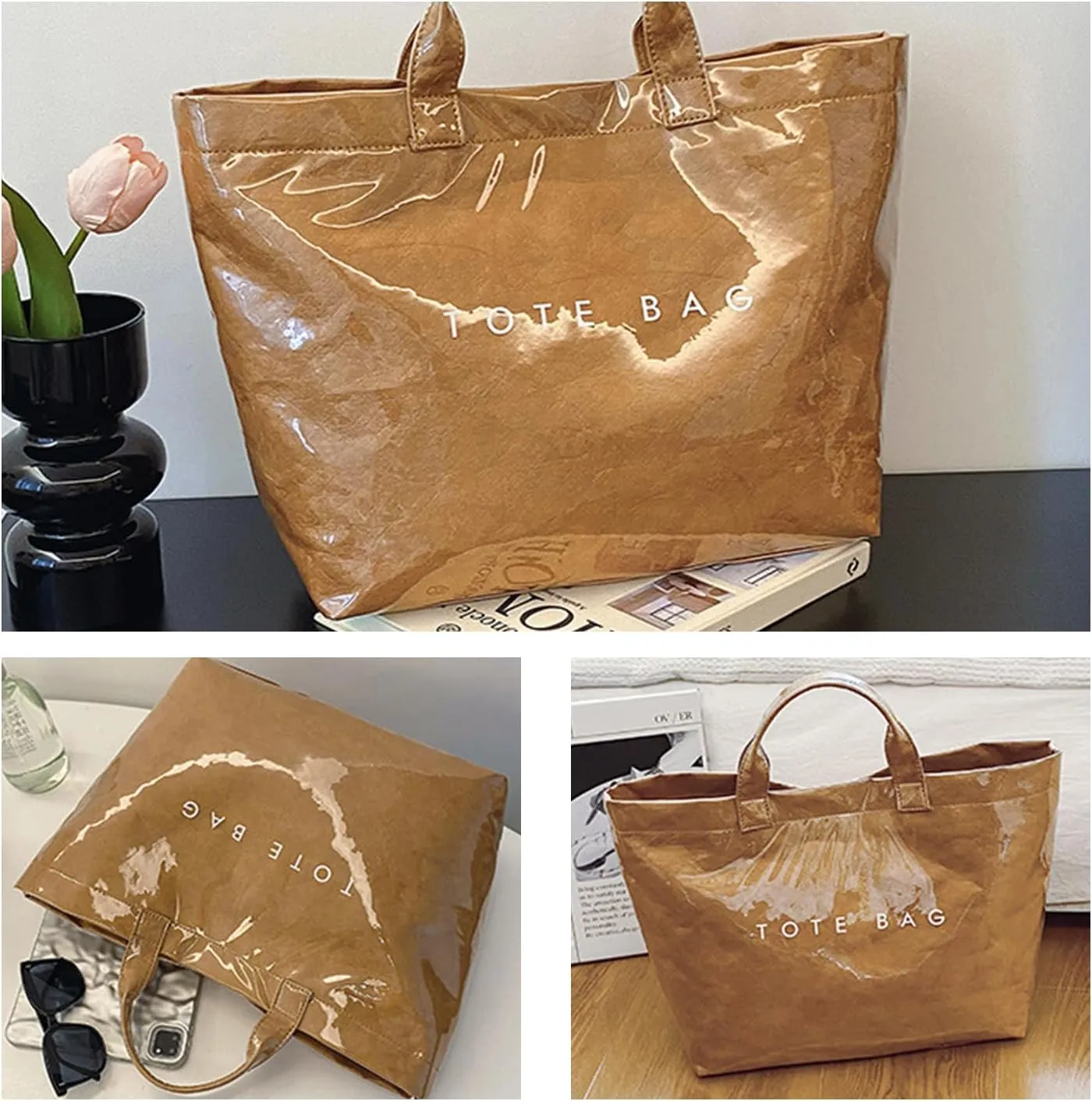 PVC Tote Bag Women's Letters Print Large Kraft Paper Carry All Bag Top Handle Clear Hobo Handbag