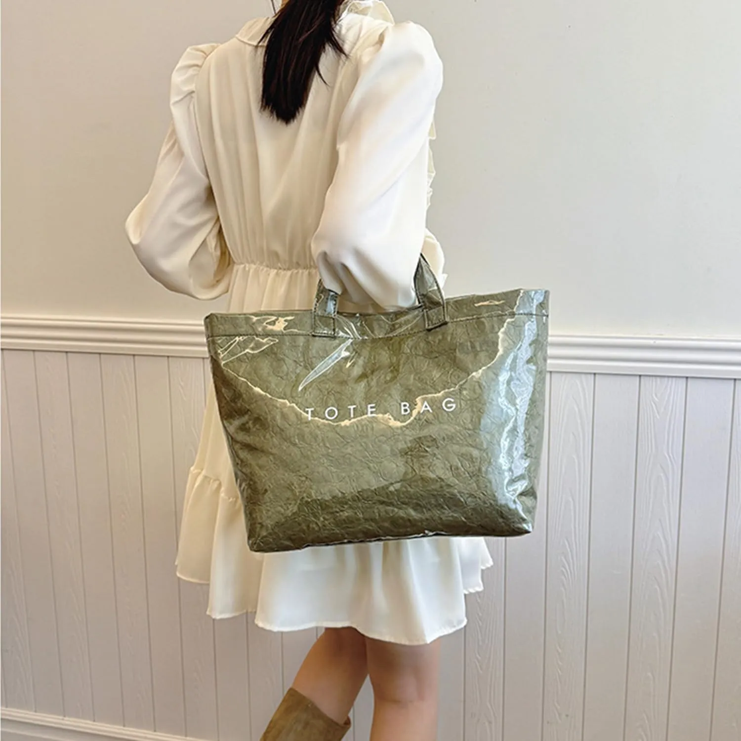 PVC Tote Bag Women's Letters Print Large Kraft Paper Carry All Bag Top Handle Clear Hobo Handbag