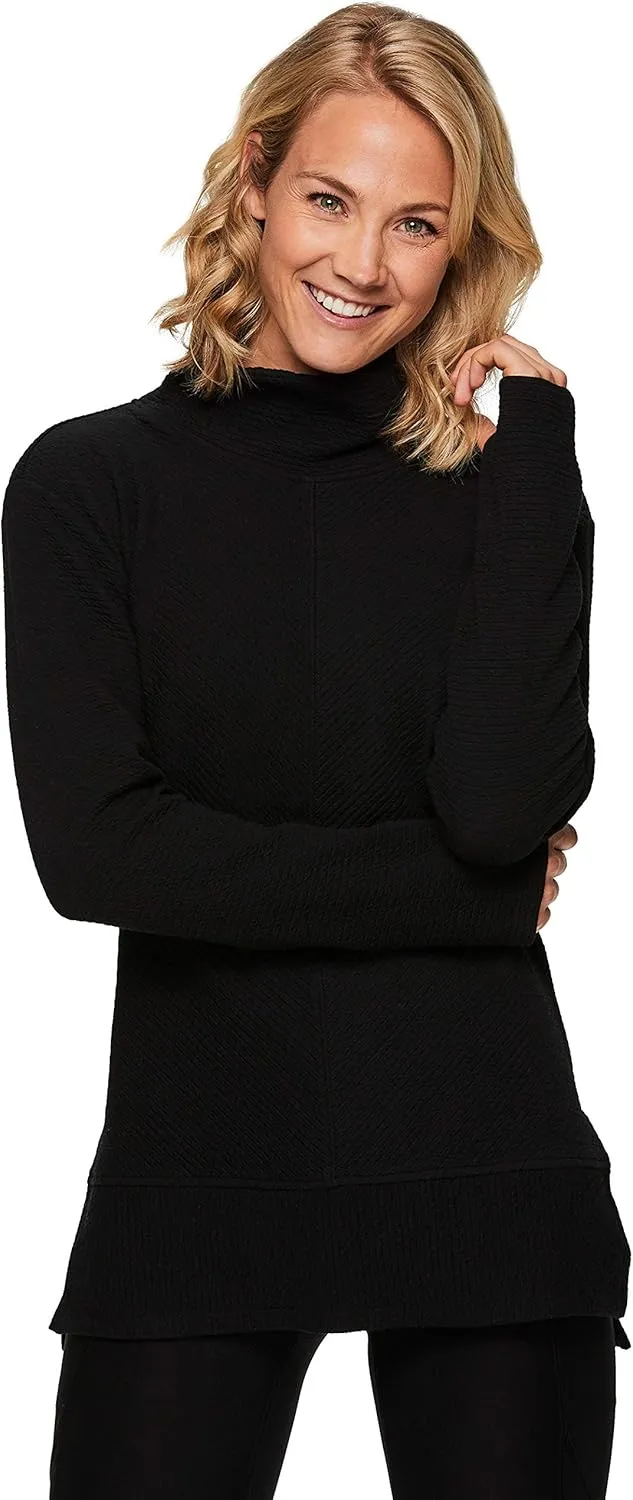 RBX Active Women's Ultra Soft Quilted Cowl Neck Pullover Sweater, Lightweight Mock Neck Tunic Sweatshirt with Thumbholes