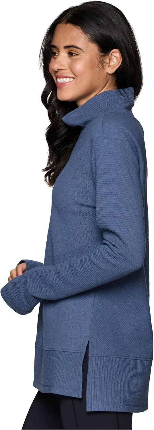 RBX Active Women's Ultra Soft Quilted Cowl Neck Pullover Sweater, Lightweight Mock Neck Tunic Sweatshirt with Thumbholes