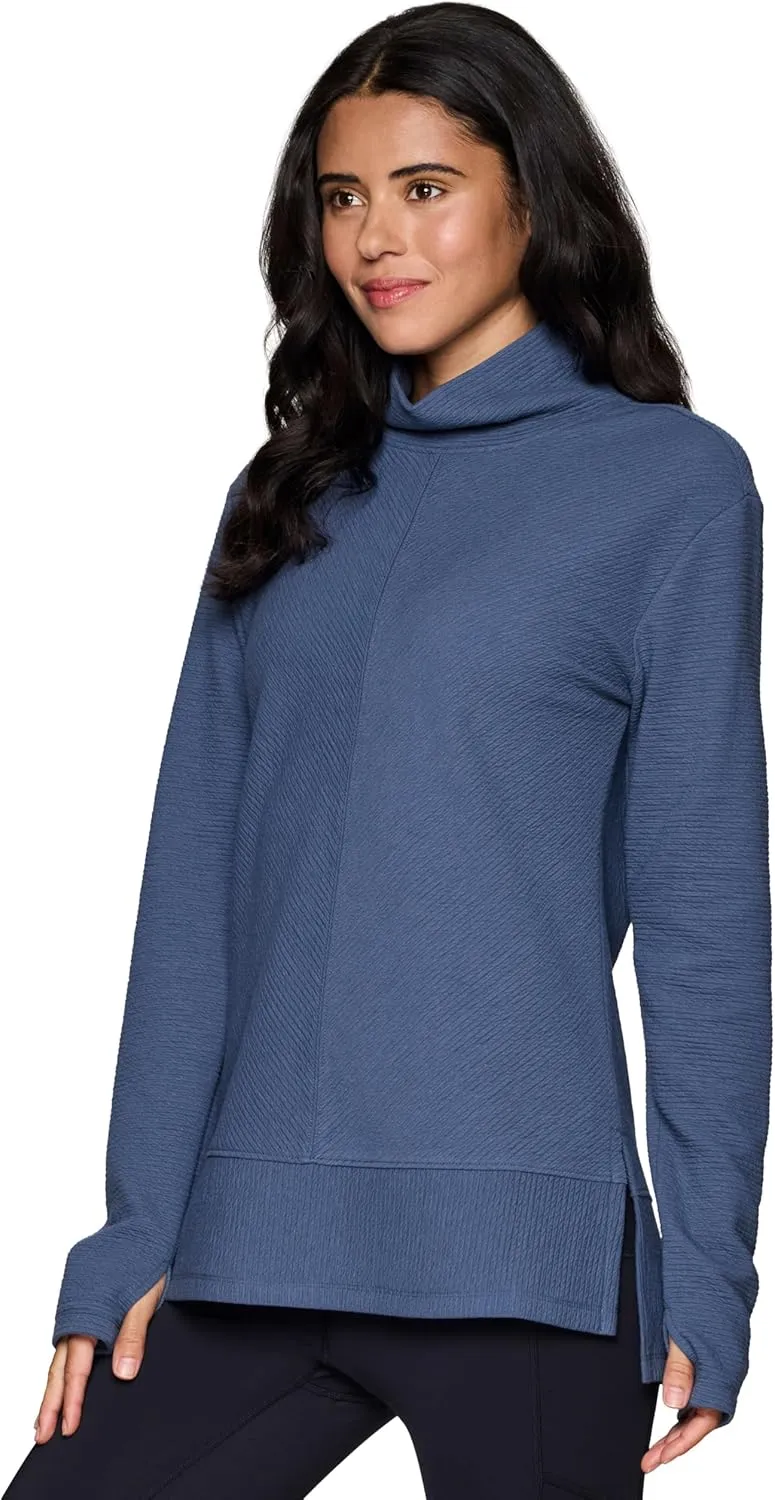 RBX Active Women's Ultra Soft Quilted Cowl Neck Pullover Sweater, Lightweight Mock Neck Tunic Sweatshirt with Thumbholes