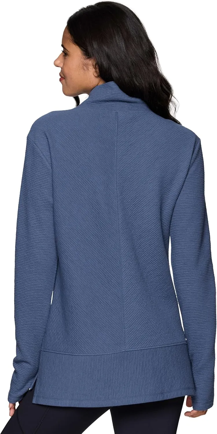 RBX Active Women's Ultra Soft Quilted Cowl Neck Pullover Sweater, Lightweight Mock Neck Tunic Sweatshirt with Thumbholes