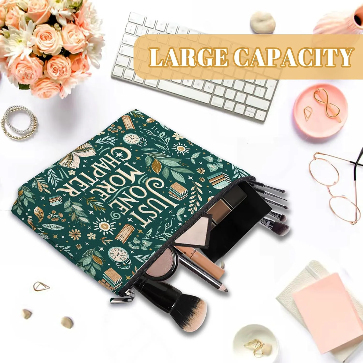 Reading Books Chapter Makeup Bag, Cute Floral Cosmetic Bag For Book Lovers, Travel Toiletry Pouch With Zipper, Birthday Anniversary Christmas Gifts For Mom Sister, Green Travel Toiletry Bag
