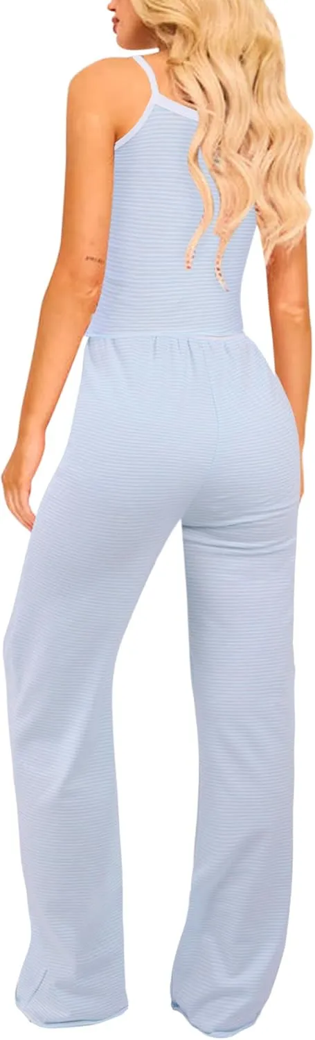 Remidoo Women's Striped Pajama Set Cami Top and Long Pants 2 Piece Sleepwear