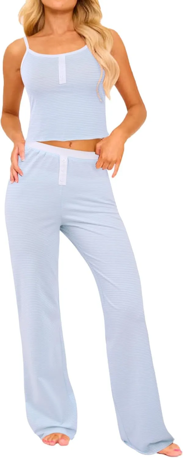 Remidoo Women's Striped Pajama Set Cami Top and Long Pants 2 Piece Sleepwear