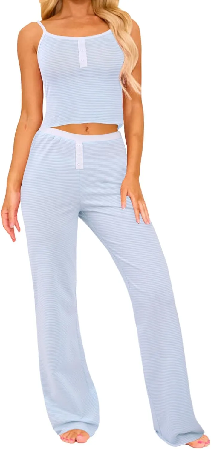 Remidoo Women's Striped Pajama Set Cami Top and Long Pants 2 Piece Sleepwear