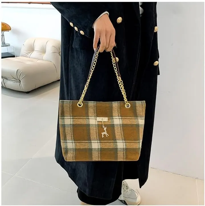 Retro Plaid Tote Bag, Large Tweed Women's Shoulder Bag with Vintage Chain Hobo Handbags Checkered Tote Purse (Green)