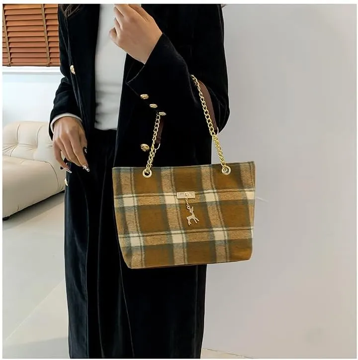 Retro Plaid Tote Bag, Large Tweed Women's Shoulder Bag with Vintage Chain Hobo Handbags Checkered Tote Purse (Green)