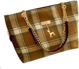 Retro Plaid Tote Bag, Large Tweed Women's Shoulder Bag with Vintage Chain Hobo Handbags Checkered Tote Purse (Green)