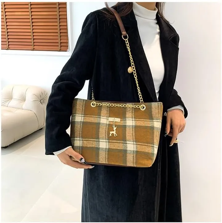 Retro Plaid Tote Bag, Large Tweed Women's Shoulder Bag with Vintage Chain Hobo Handbags Checkered Tote Purse (Green)