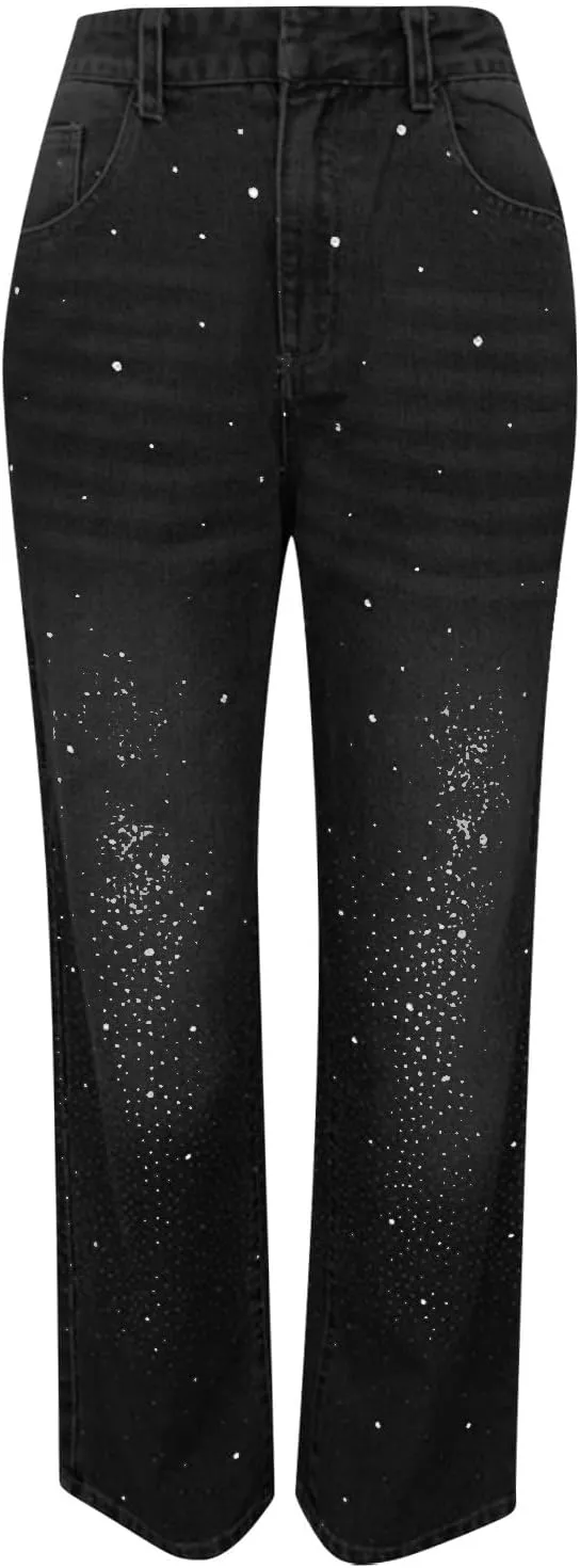 Rhinestone Jeans for Women Loose Harem Jeans Womens High Waisted Rhinestone Pants Straight Wide Leg Sparkly Denim Pants