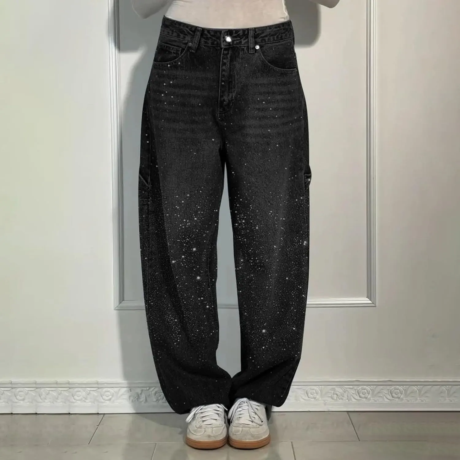 Rhinestone Jeans for Women Loose Harem Jeans Womens High Waisted Rhinestone Pants Straight Wide Leg Sparkly Denim Pants