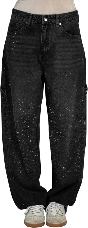 Rhinestone Jeans for Women Loose Harem Jeans Womens High Waisted Rhinestone Pants Straight Wide Leg Sparkly Denim Pants