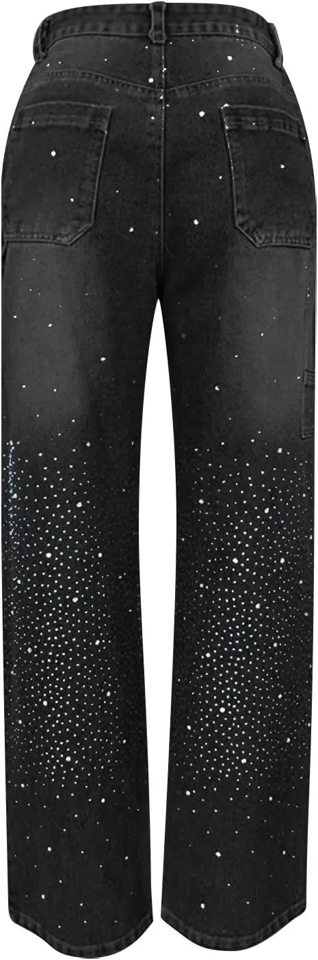 Rhinestone Jeans for Women Loose Harem Jeans Womens High Waisted Rhinestone Pants Straight Wide Leg Sparkly Denim Pants