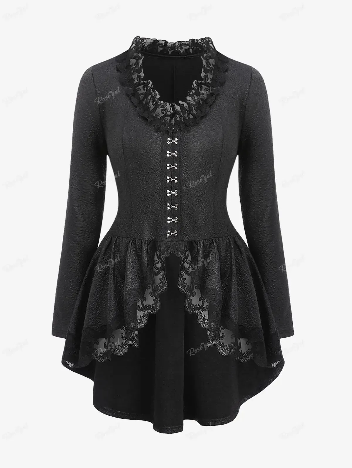 Ros gal Plus Size Gothic Mäntel schwarz strukturierte florale Spitze Trim Haken und Augen Rüschen asymmetrische Jacken Frauen fallen, Frühling Outwear
