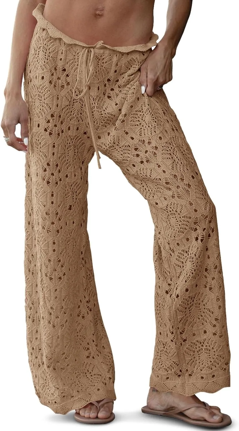 Saodimallsu Womens Crochet Swimsuit Coverup Pants High Waisted Drawstring Sexy Sheer Mesh Knit Wide Leg Beach Pants
