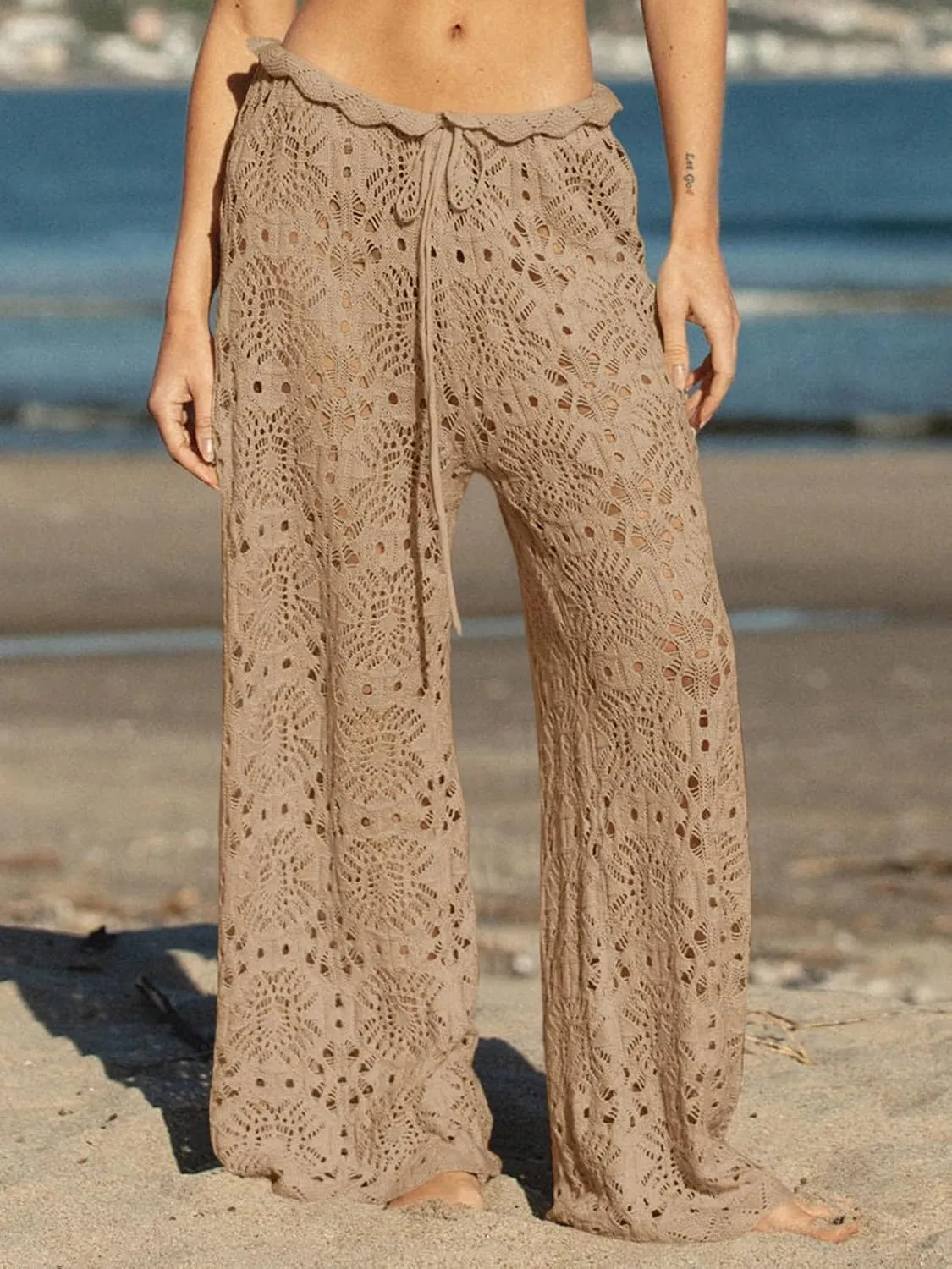 Saodimallsu Womens Crochet Swimsuit Coverup Pants High Waisted Drawstring Sexy Sheer Mesh Knit Wide Leg Beach Pants