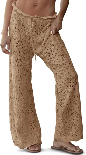 Saodimallsu Womens Crochet Swimsuit Coverup Pants High Waisted Drawstring Sexy Sheer Mesh Knit Wide Leg Beach Pants