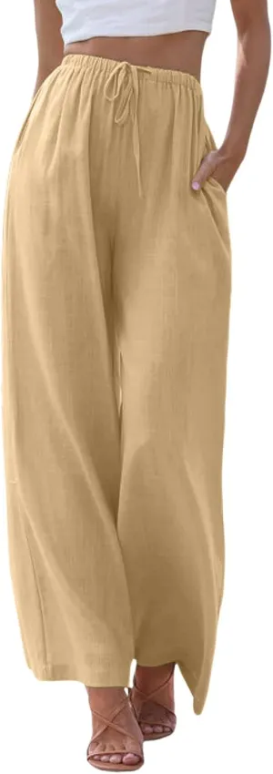 sdbrld Pantalones De Lino De Las Mujeres Linen Wide Leg Pants for Women Shorts Linen Pants Women Summer,Womens Linen Pants with Pockets High Waist Adjustable Knot Casual Trousers (Z41-Khaki, S)