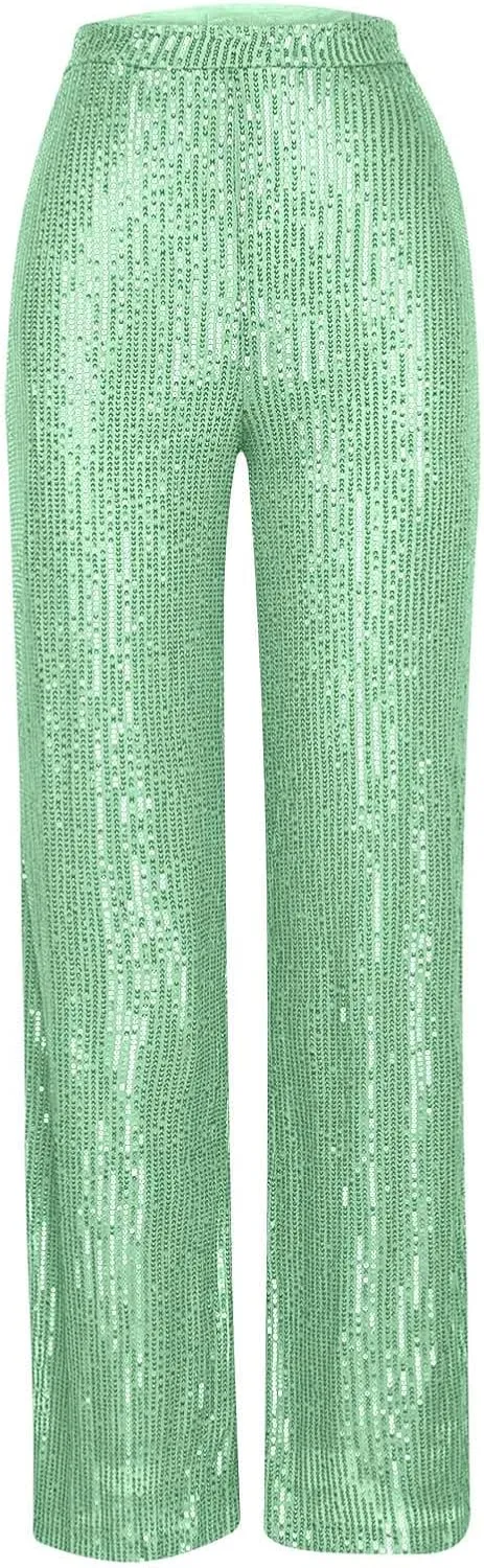 Sequin Pants for Women 2023 High Waist Bell Bottoms Glitter Wide Leg Palazzo Pants Night Club Sparkle Flared Trousers