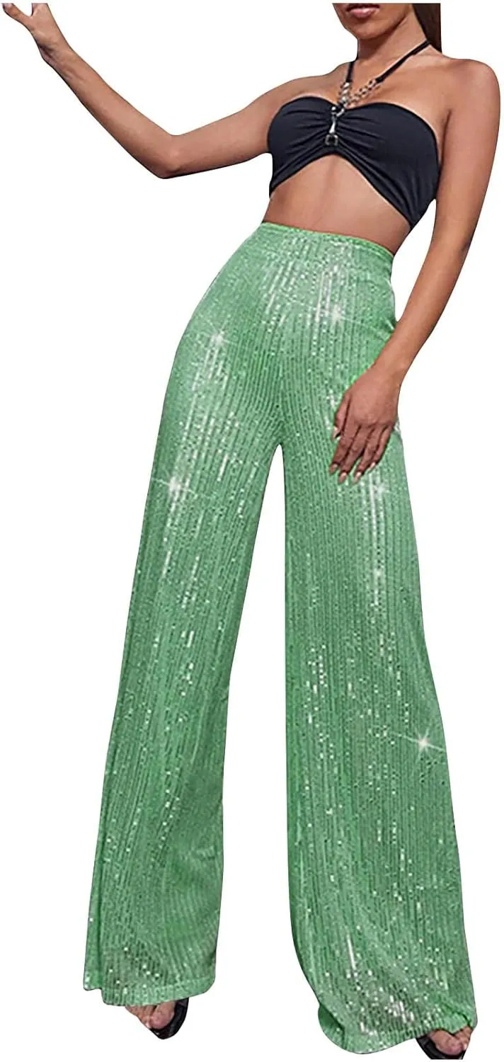 Sequin Pants for Women 2023 High Waist Bell Bottoms Glitter Wide Leg Palazzo Pants Night Club Sparkle Flared Trousers