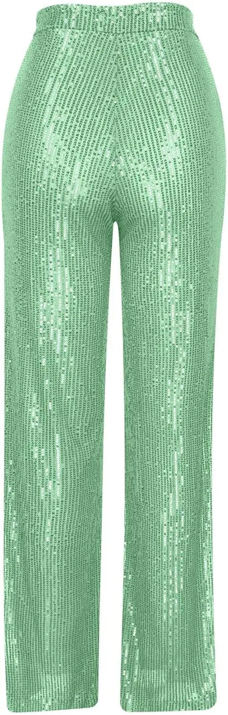 Sequin Pants for Women 2023 High Waist Bell Bottoms Glitter Wide Leg Palazzo Pants Night Club Sparkle Flared Trousers