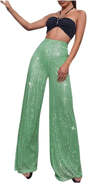 Sequin Pants for Women 2023 High Waist Bell Bottoms Glitter Wide Leg Palazzo Pants Night Club Sparkle Flared Trousers
