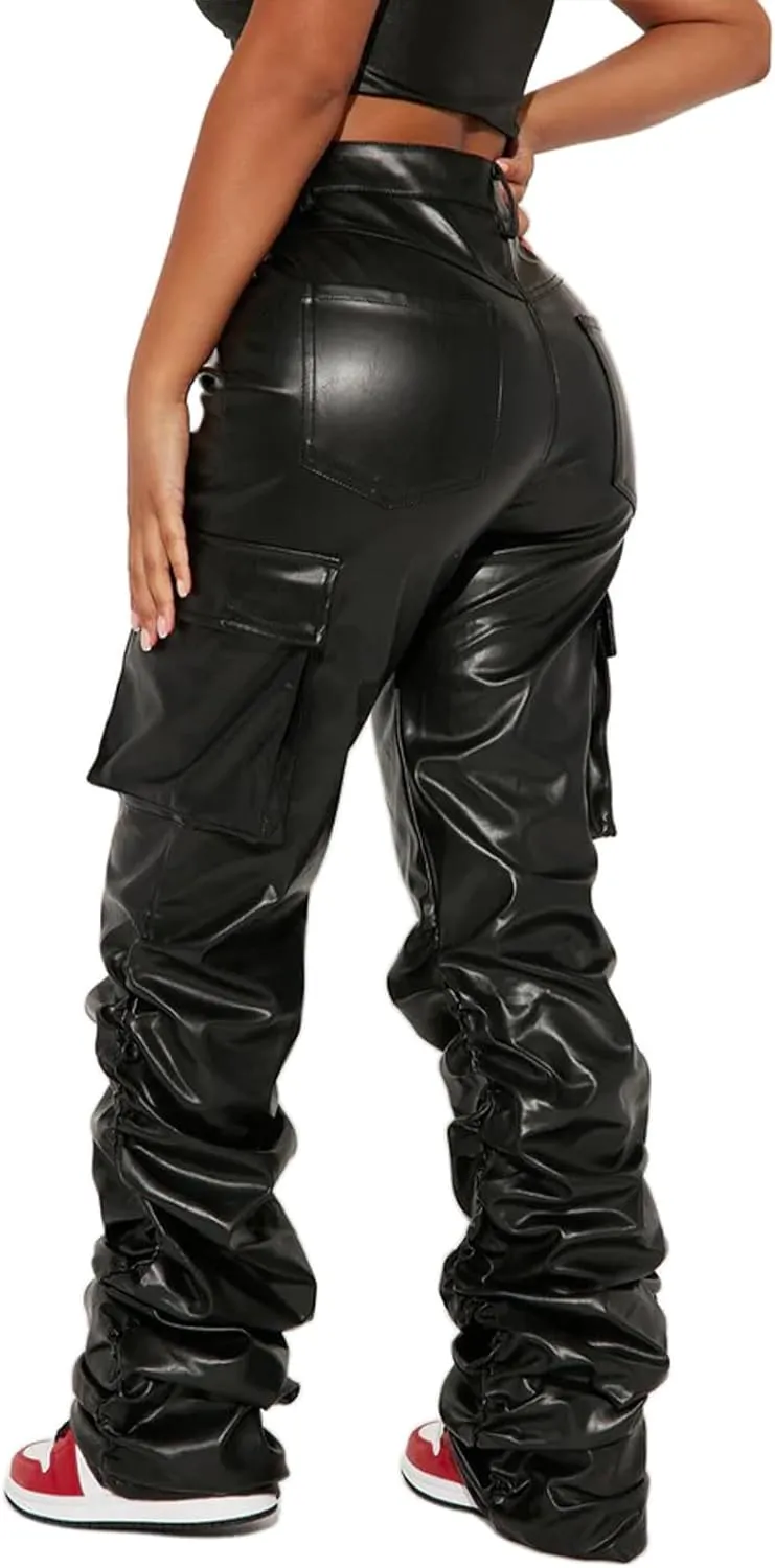Sexy Women Faux Leather Leggings High Waisted Pleated Leather Tights Splits Hem Stacked Pants