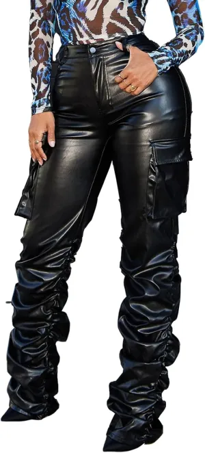 Sexy Women Faux Leather Leggings High Waisted Pleated Leather Tights Splits Hem Stacked Pants