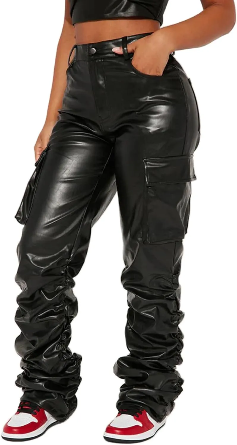 Sexy Women Faux Leather Leggings High Waisted Pleated Leather Tights Splits Hem Stacked Pants