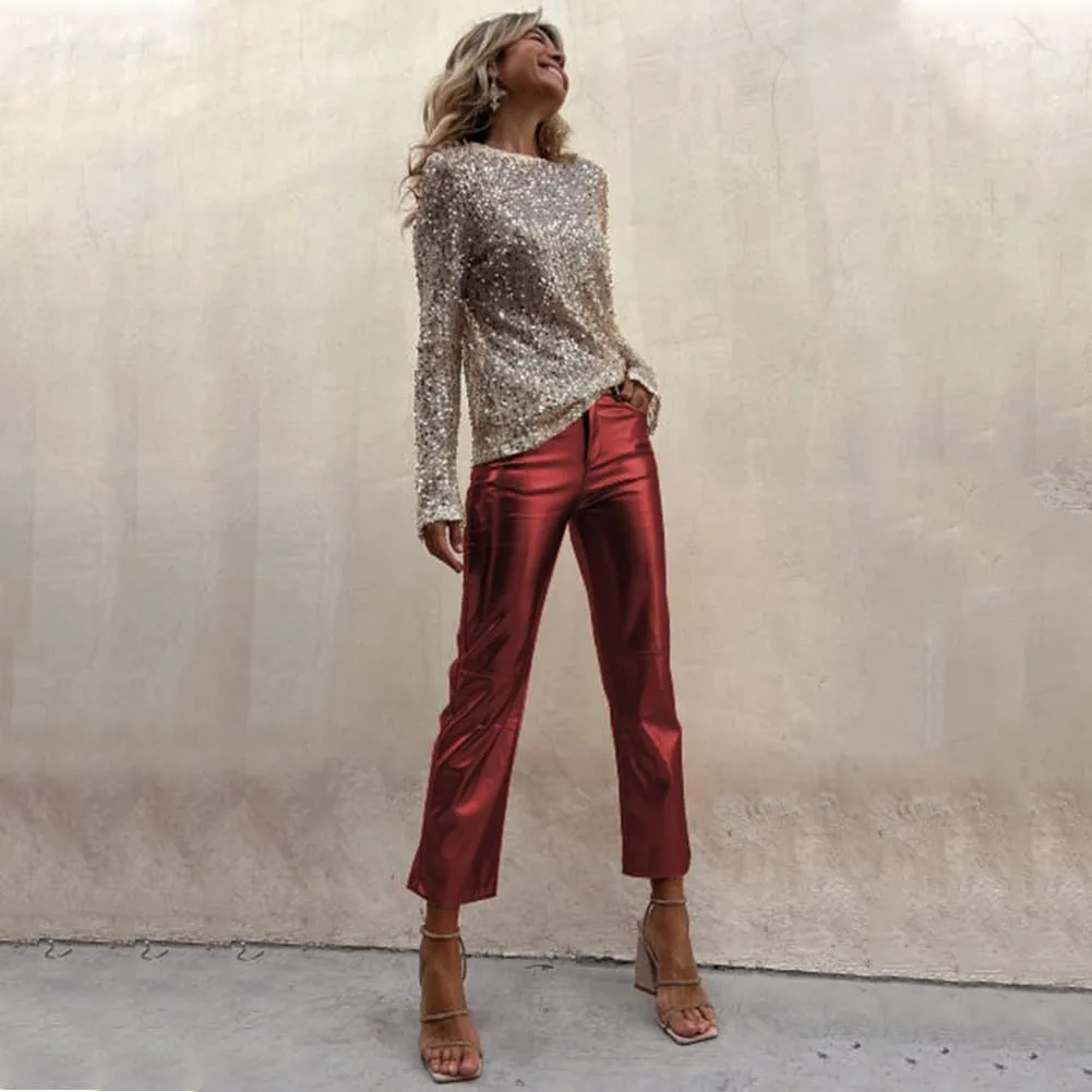 Shiny Metallic Women's Holographic Glitter Rave Dance Cropped Pants
