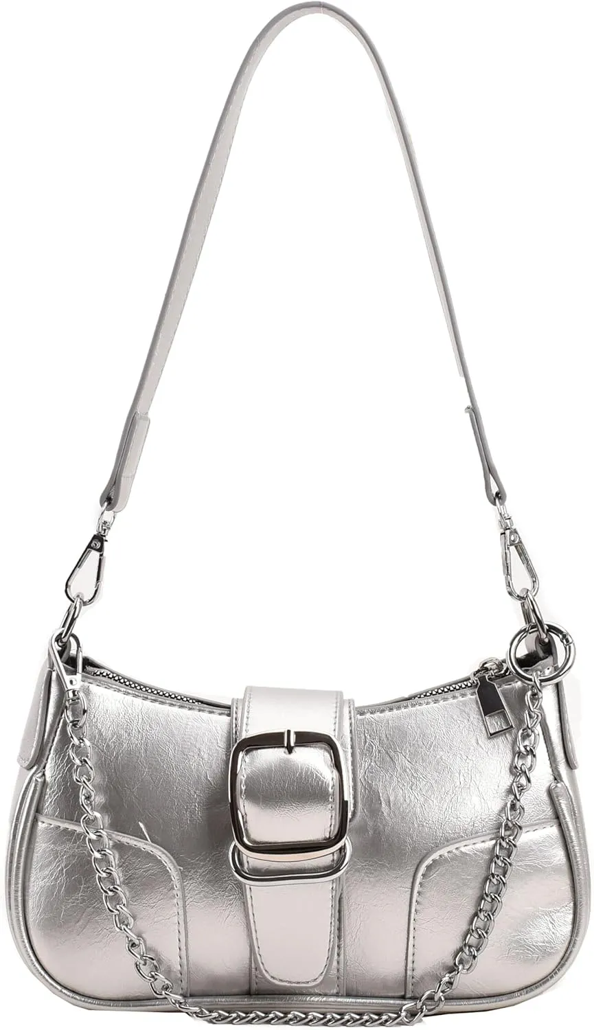 Silver Purse Evening Bag for Women Leather Y2K Shoulder Hobo Handbag
