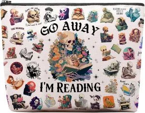Skeleton Reading Funny Makeup Bag, Cute Skull Gifts For Women, Colorful Skeleton Cosmetic Bag, Travel Toiletry Pouch, Birthday Anniversary Christmas Gifts For Mom Sister, Travel Toiletry Bag