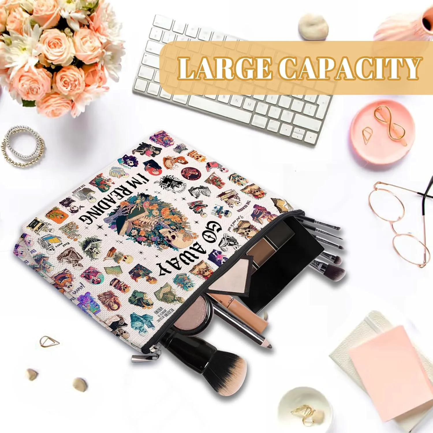 Skeleton Reading Funny Makeup Bag, Cute Skull Gifts For Women, Colorful Skeleton Cosmetic Bag, Travel Toiletry Pouch, Birthday Anniversary Christmas Gifts For Mom Sister, Travel Toiletry Bag