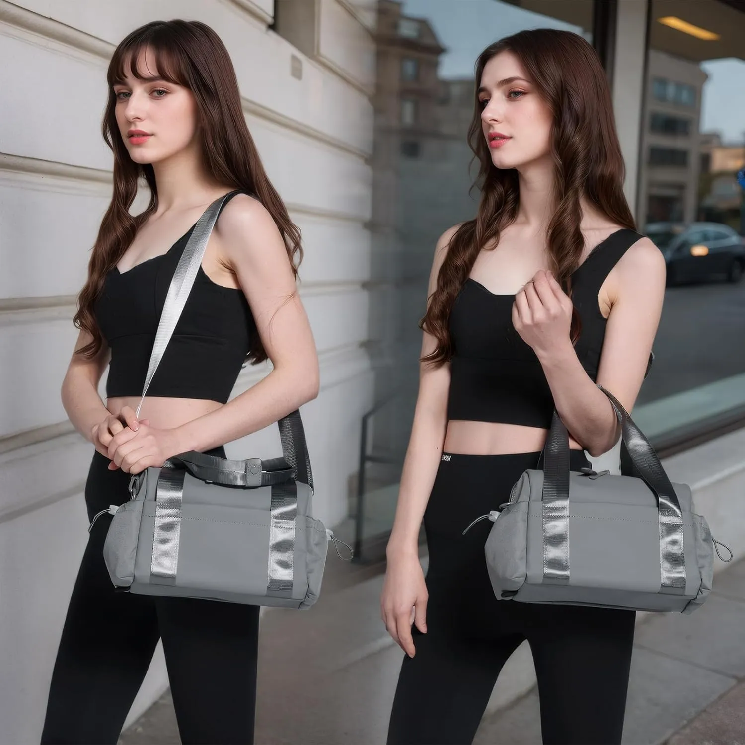 Small Gym Bag for Women, Mini Crossbody Gym Duffle Bag with Wet Compartment, Carry on Gym Tote Bag for Workout Dance Sport Travel (Grey)