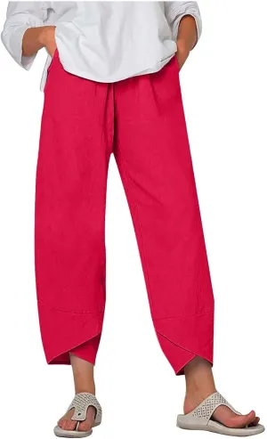 SMIDOW Capri Pants for Women Cotton Linen Wide Leg Capris Casual Summer Cropped Pants Beach Elastic Waist Baggy Crop Trousers