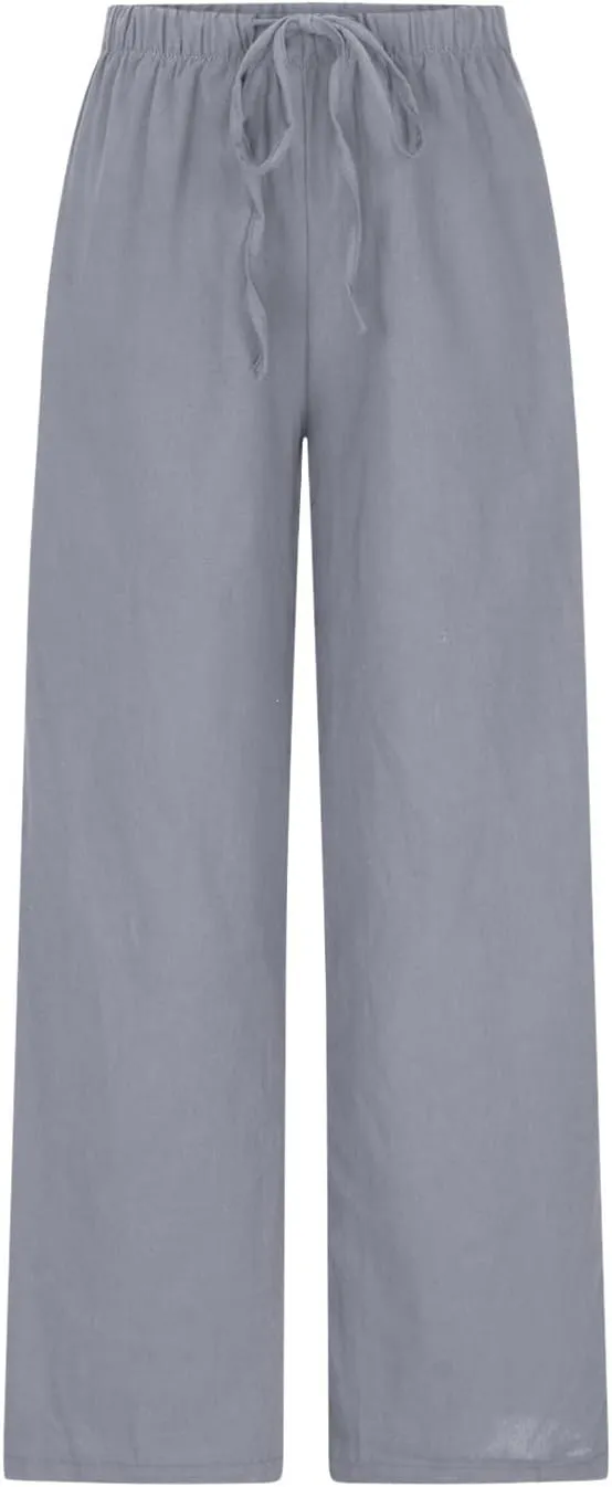 SMIDOW Linen Pants for Women Casual Loose High Waist Drawstring Trousers Wide Leg Baggy Long Pant with Pockets