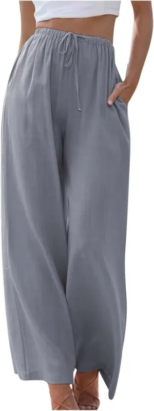 SMIDOW Linen Pants for Women Casual Loose High Waist Drawstring Trousers Wide Leg Baggy Long Pant with Pockets