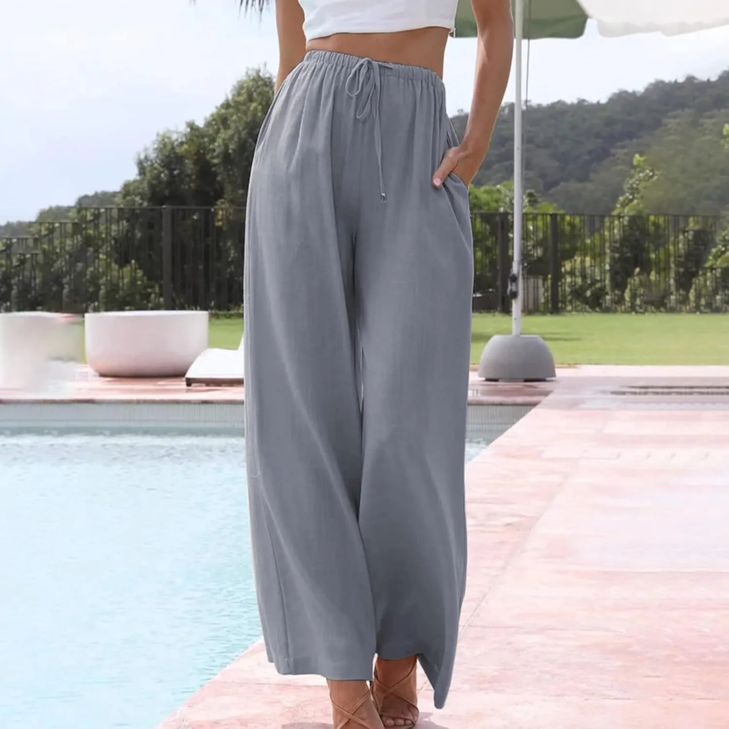 SMIDOW Linen Pants for Women Casual Loose High Waist Drawstring Trousers Wide Leg Baggy Long Pant with Pockets